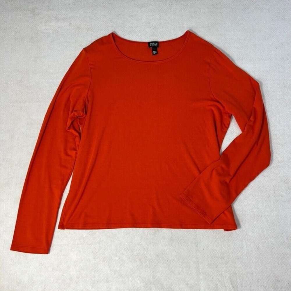 Eileen Fisher Womens Shirt Large L Long Sleeve Red Viscose Basic Round Neck
